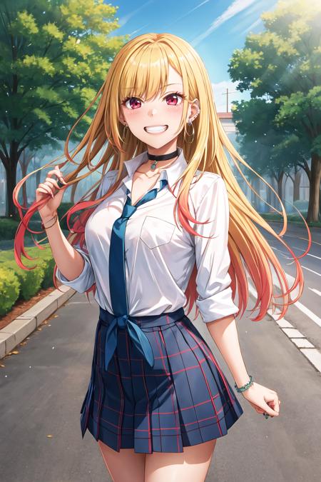 masterpiece, best quality, highres, kitagawa marin, 1girl, blonde hair, long hair, multicolored hair, red eyes, jewelry, earrings, piercing, school uniform, white shirt, tied shirt, black choker, blue necktie, plaid skirt, <lora:kitagawa_marin_v1-1:0.7>, grin, smile, standing, cowboy shot, outdoors,<lora:Nakajima-yuuka-Style_878808:0.92>