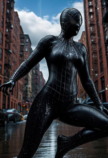 score_9, score_8_up, score_7_up, best quality, realistic, masterpiece, beautiful detail, hyperrealistic, afternoon sky, ((1girl, woman body, huge breasts)), amazing detailed full body portrait of a beautiful japanese girl, wearing a realistic and highly detailed black raimi spider-man suit, ((huge muscular girl)), professional model wears ultra - detailed black raimi spider - man suit, ultra - detailed and grained black raimi spiderman suit, suit covered entire body and hand, black spiderman gloves, wet, (wears black spider man mask), (full body), (dirty skin), close up, octane render, highly detailed, volumetric, dramatic lighting, (highest quality:1.1), (HDR:1.3), (top quality, best quality), realistic, high definition, Expressionism - sharp focus, professional photography, masterpiece, ultra detailed photograph, high quality, 8k,