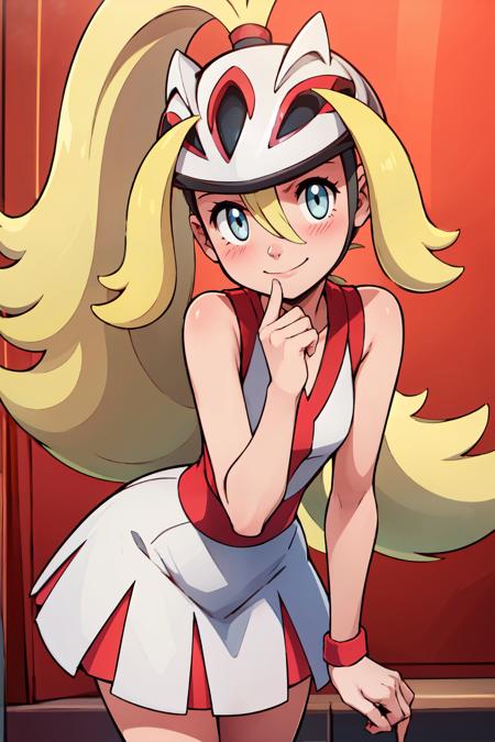 korrina (pokemon), solo,  grey eyes, blonde hair,  hair between eyes,   korrina (pokemon), solo,  grey eyes, blonde hair,  hair between eyes,  helmet, sleeveless, white dress, 