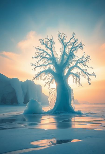 icy landscape. A gigantic ice sculpture shaped like a tree stands at the center, its transparent branches reaching skyward. Soft washes of sunlight spill through the ice, creating gentle reflections in the snow-covered ground. brings a dreamy, fluid quality to the scene, with soft blues and golden yellows blending harmoniously.
