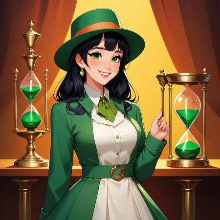 score_9, score_8_up, score_7_up, AnimeBlend2-5D_V1, solo, 1girl, smiling, black hair, hour glass figure, makeup, wearing a layered green blouse, dress, jacket, hat, elegant, fantasy, vibrant colors, masterpiece, detailed,