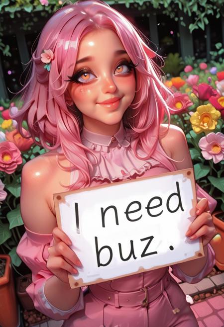 masterpiece, high_quality, highres, cute, holding sign, need buzz, Hd, Ultra-detailed, need_buzz, holding sign,
long_lashes, blush, dynamic_angle, cinematic, big_eyes, pastel_mint, pastel_pink, pastel_yellow, cute smile, bare_shoulders, garden background, a lot of flowers,