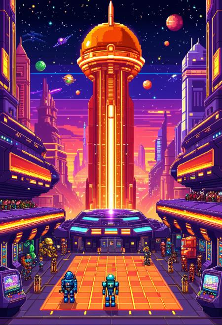 2D Game Art A piece of Dungeonpunk aesthetic, (Space opera anime style) retro arcade style  . 8-bit, pixelated, vibrant, classic video game, old school gaming, reminiscent of 80s and 90s arcade games , showcasing (futuristic technology, space exploration, alien worlds, often depicting robots, spaceships, or advanced civilizations), 2D Game Art, often for platformers, pixel art, or side-scrolling games.,,(, a grand court made of glass and steel stands tall in the center of a bustling city square. The sun is setting, casting a warm orange glow on the court's walls. :1.0),