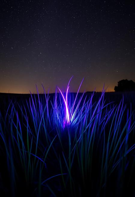 a meadow by starry night with a fluorescent purple light emerging from grass in the middle