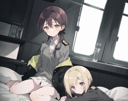 Erica, Gertrud, 2girls, multiple girls, black jacket, cinematic angle, sitting on bed 
 grey jacket, closed mouth, collared shirt, shirt, blush, smile,  jacket, white shirt
<lora:world_witches_LW-step00120000:0.9>