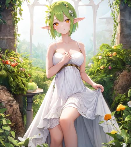 masterpiece, highest quality, 1girl, white dress, green hair, short hair, orange eyes, elf garden, night, shiny skin, soft lighting