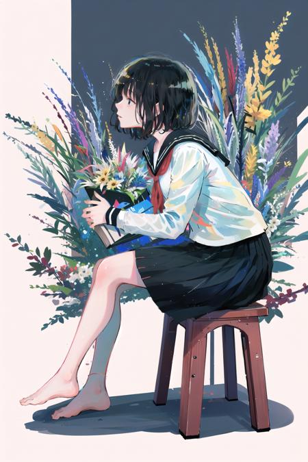 blue theme,Ultramarine, 1girl, solo, school uniform, short hair, serafuku, skirt, barefoot, sitting, flower, shoes, white background, sailor collar, neckerchief, long sleeves, black hair, white shirt, shirt, from side, pleated skirt, blue skirt, red neckerchief<lora:Ultramarine:1>