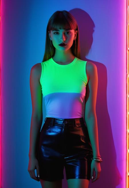 poster image, half body, 1girl,  1990's style, Mod Fashion Icon, Shadow art, full-length shot of girl at 25 years old, atmosphere of neon lights
