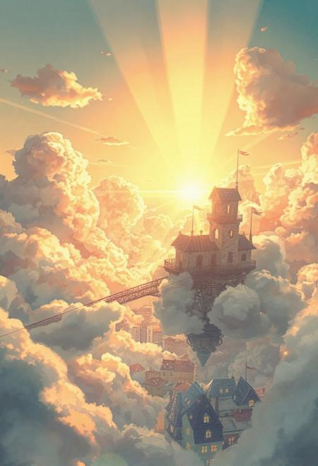 Vertical 9:16 cinematic anime scene, dreamy cityscape at golden hour, soft pastel sky filled with giant fluffy clouds, warm sunlight bursting through the cloud gaps, glowing beams illuminating a hidden floating cat kingdom above the clouds, whimsical buildings shaped like cat towers, cute feline citizens strolling on bridges in the sky, richly detailed city below with small glowing windows, soft watercolor anime shading, ultra-high 4K resolution, inspired by 'The Cat Returns', gentle wind moving clouds and banners, magical and emotional atmosphere