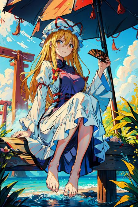 masterpiece, best quality, <lora:yukari:1>,1girl, torii, blonde hair, hat, yakumo yukari, solo, long hair, gap (touhou), tree, mob cap, hand fan, yellow eyes, tabard, barefoot, long sleeves, dress, smile, ribbon, folding fan, looking at viewer, breasts, outdoors, white dress, sitting, water, hat ribbon, white headwear, very long hair, sky, holding fan, cloud, bow, day, red ribbon, puffy sleeves, wide sleeves, red bow, holding, large breasts, bangs, juliet sleeves, blue sky, hair between eyes, closed mouth, full body, frills, trigram, hand up, soaking feet, folded fan, sidelocks, toes, hair bow, frilled dress, feet, arm support