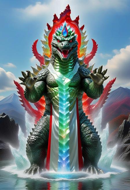 (made of l1qu1dp34rl):2, (pearlescent):2, (iridescent geen and red hues),(waterbender):3, gemstone crowned ((stone Godzilla)) emerging from silver mountain,electric robe,dynamic pose, colorful water flows