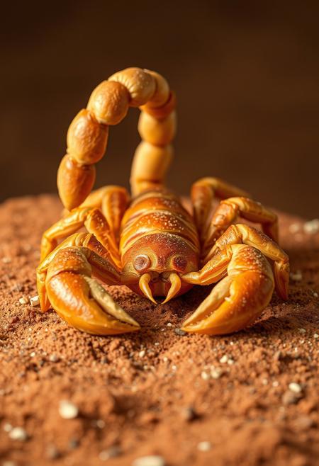 scorpion made out of bread, red desert, bokeh