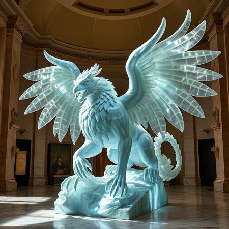 Create an image of a large statue of a mythical creature resembling a griffin, symbolizing the wildness and fury of the elements and nature. The statue is made of translucent stone, which gives it a mysterious and majestic appearance. It is housed in a spacious museum hall, where soft lighting highlights its intricate details and creates a play of light and shadow. In some places, the statue appears translucent, which enhances its airiness. Around the statue, you can see the interior elements of the museum, such as marble floors and high ceilings, which emphasize its grandeur.