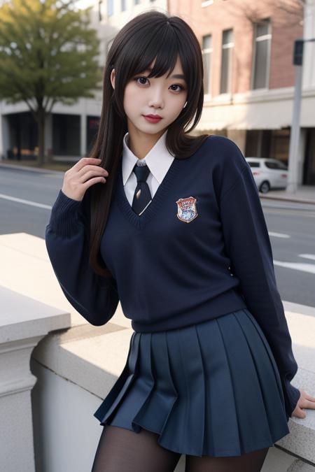 st. gloriana's school uniform, dark blue sweater, necktie,white collared shirt,blue pleated skirt, pantyhose,school emblem, 