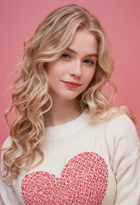 ASCII oil portrait of a girl with extremely massive breasts, (nipple outline, pokies under shirt), long blonde wavy hair, extremely beautiful woman, narrow face, model, Valentine?s Day, hearts, love, red and white clothing, wearing tight sweater, simple background, pink gradient background, pale skin, white girl, detailed skin, looking at viewer, small smile, cinematic, great shading, moody slighting, (by Hope Gangloff:1), evalyn_noexist