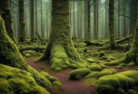 photograph of a Magical fairytale forest. Coniferous forest covered of green moss. Mystic atmosphere.