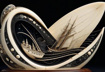 lazypos, made out of, ebony, ivory, scrimshaw, bone carving, craft, technology, black and white contrast, bone and wood textures, elegant and surreal design, ultra-luxury aesthetic, hyper-realistic reflections, aerodynamic shape, dramatic studio lighting, futuristic yet classical fusion, sdxl style, highly reflective surfaces