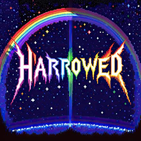 HarroweD text logo, rainbow, pixel art, 16=bit, space, stars