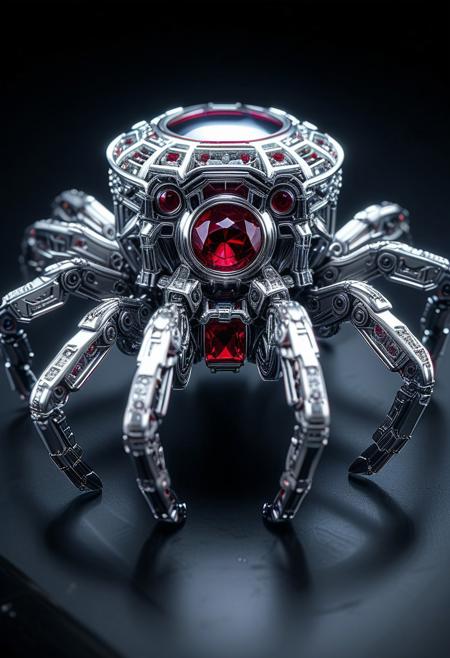 SilverPulse, mechanical spider, ruby and diamonds,  intricate, hyper-detailed, professional photoshoot, ultra-sharp, vivid colors, dark lighting, 50mm lens,