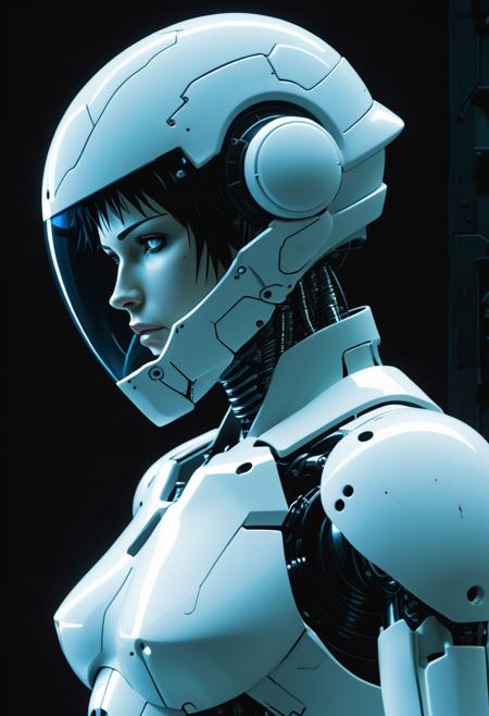 a robot that is standing in the dark, from above, side view, medium shot, by Noriyoshi Ohrai, neo-dada, in the anime Ghost in the Shell, closeup of the face, cowboy bebop anime style, movie screen shot, white biomechanicaldetails, the robot wearing the bone crown, intricate broken space helmet, animation still screencap, akira color palette, profile shot, mgs, staring at the viewer, smooth surface, porcelain surface, reflective surface, complex cybernetics background