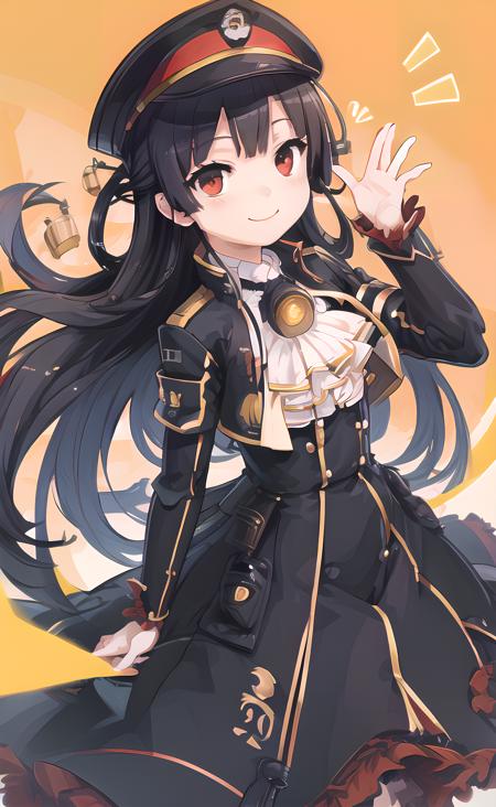 8620 \(Maitetsu\),masterpiece, best quality, ultra-detailed, illustration,yellow background,smile,v,looking at viewer,happy,wave,hat,standing,front,red eyes