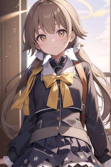 bluearchivehifumi, <lora:bluearchivehifumi-lora-nochekaiser:1>, 
hifumi, brown hair, hair between eyes, hair bow, hair ribbon, halo, long hair, low twintails, sidelocks, twintails, wing hair ornament, (brown eyes:1.5), (flat chest:1.),
BREAK black pantyhose, black skirt, long sleeves, pantyhose, pleated skirt, ribbon, school uniform, serafuku, skirt,
BREAK looking at viewer, 
BREAK indoors, classroom,
BREAK <lyco:GoodHands-beta2:1>, (masterpiece:1.2), best quality, high resolution, unity 8k wallpaper, (illustration:0.8), (beautiful detailed eyes:1.6), extremely detailed face, perfect lighting, extremely detailed CG, (perfect hands, perfect anatomy),