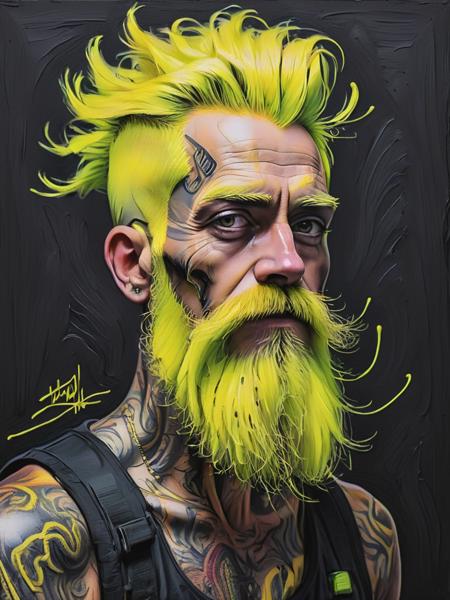 conrtneo, an neon oil painting of a man with neon hair and neon yellow beard drawn with fine sketched dark black lines, <lora:- SDXL - conrtneo _neon-concrete _V1.0:1>