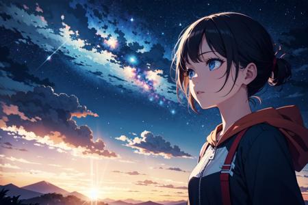 close view, 
1girl, shining sky, vast world, gazing, awe-inspiring expression, distant horizon, clouds, high hill, natural beauty, inspiration, night sky, Shining Stars,