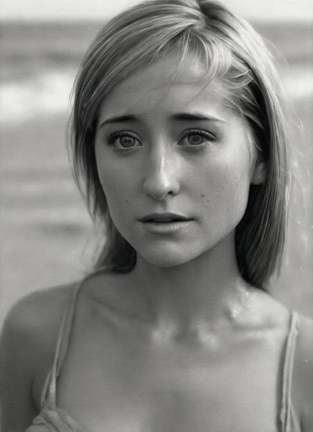 photo of beautiful sks woman, hyper realistic photograph, detailed face,film grain, Kodak portra 800, f1.8, intricate, at the beach, <lora:locon_allisonmack_v1_from_v1_64_32:1.3>