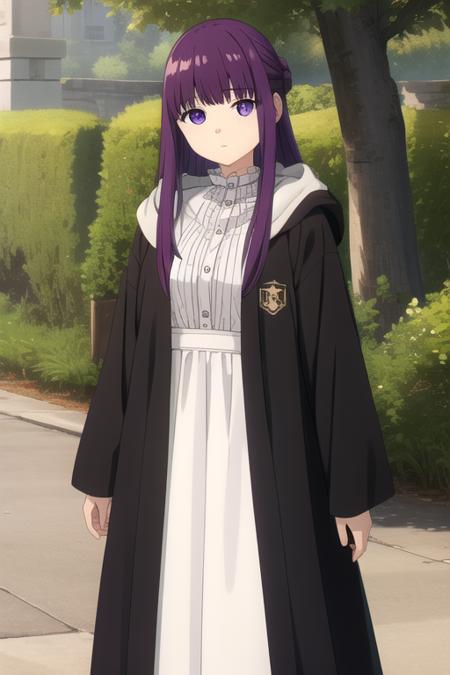 long hair,purple hair,straight hair,half updo,hime cut,sidelocks,blunt bangs,purple eyes,bright pupils,white pupils hooded robe,hood down,black robe,white shirt,frills,buttons,long sleeves,medium breasts,long skirt,white skirt,black boots