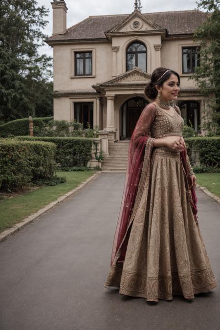 wide angle cinematic captivating photo, front side view, beautiful pakistani hijabi bride woman walking along paved pathway towards (villa:1.3), <lora:villa:0.5>, country manor, house, windows, roof, grand doorway entrance, granite pillers, england, london, luxury, exquisite, posh, detailed ornate embroidered bright green clothes, gold jewellery, smile, teeth, <lora:Bridal_Lehnga_By_Stable_Yogi:0.7> 00red00bridal00legnga, 1girl, solo, lifting skirt,<lora:sps2:0.6> supershorty, masterpiece, best quality, absurdres, highres, 4k, intricate details, highly detailed, <lora:add_detail:0.6>, wedding reception, beautiful composition, 
 <lora:right side position:1> rside, right side,, RAW photo, 8k uhd, dslr, soft lighting, high quality, film grain, Fujifilm XT3