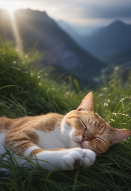 realistic, solo, cat, cute, sleeping, light_particles, nature, mountain, depth of field, the best quality, amazing quality, high quality, masterpiece,
