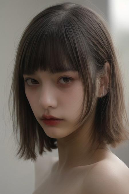1girl,   oval-shaped face, shoulder length hair, blunt bangs, hime cut, almond-shaped eyes,  light brown skin tone, proportionate nose, full lips, and naturally arched eyebrows,