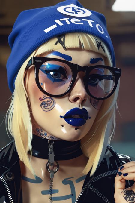 A blonde sexy girl, wearing glasses at latex shirt and a blue beanie with a tattoo,  blue and white, chromepunk, ferrania p30, social media portraiture,  <lora:AlbertoMielgo_style2_SDXL:0.7> by albertomielgo style .