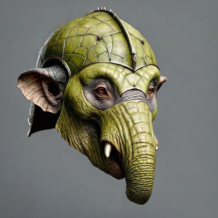 SYDE VIEW, hyper-realistic, Realism, HDR, detailed, medieval warior style, chartreuse elephant-troll skin , (full helmet with mask), simple gray background, SIDE VIEW
