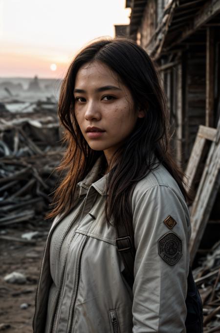 Eye-level view, capturing the essence of survival, detailed skin and clothing texture under natural fading light, background hinting at a dystopian world, emphasizing the character's defiance <lora:more_details:0.6>  <lora:picxer_real:0.6>