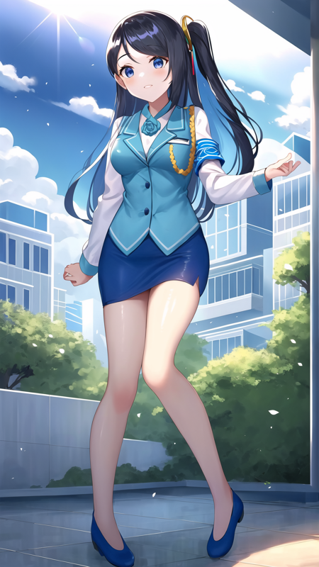 1girl, solo, xiao qiong, long hair, breasts, bangs, blue eyes, black hair, hair ornament, medium breasts, very long hair, side ponytail, skirt, shirt, long sleeves, white shirt, shoes, vest, blue skirt, armband, pencil skirt, blue footwear, blue vest, flower, rose, one side up