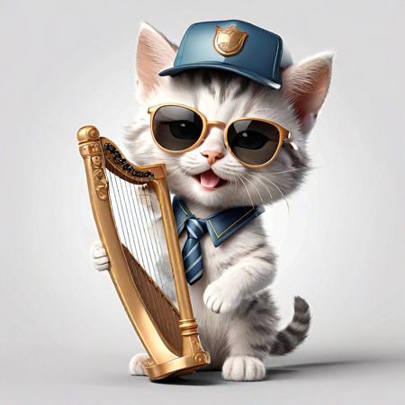 A cute and lovely kitten with luxurious sunglasses and a hat all over its body, an excited and happy expression, and a microphone on one side. Playing the harp with both hands, 2d cute, happy, fantastic, dreamy, illustration, 3d three-dimensional, centralized, professional, smooth, modern, great. It has graphics, line art, and a white background.