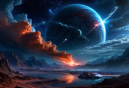 A massive mountain-sized vertical futuristic city on a mountain on an alien water planet, viewed from a valley at night, glowing neon hovercraft and multiple huge Star Trek inspired spaceships navigating through swirling clouds of thick planetary dust human-sized robots getting out of a destroyed spacecraft that crashed because of the storm, the city surrounded by an advanced wall, alien oceans with islands, cyan-toned atmosphere (red, orange, white, soft blues), blue-white solar storm above, small arcs of space lightning crackling through the upper atmosphere, atmospheric haze, in the sky: a massive ringed planet looms with smaller celestial bodies orbiting it, feeding off the glowing gases of a nearby nebula, tendrils of cosmic gases stretching between them, surreal space sky filled with stars and interstellar dust, hyper-detailed, cinematic sci-fi concept art, illustrated by Raphael Lacoste and Syd Mead