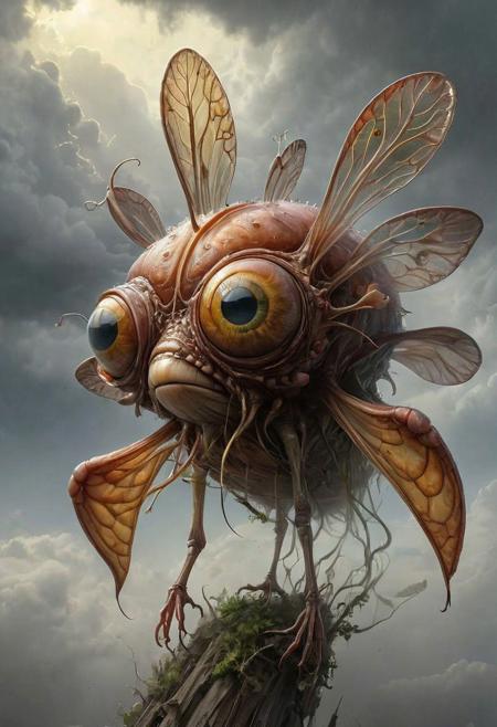 famous artwork by (brian despain:1.3) and (ben wootten:1.4) and (sandra everingham:1.1), (close shot on head) detailed expressive eyes, fantasy style, (fractal art:0.44), dramatic sky, this image shows the airborne resentful woodgrabbler, an ethereal and mysterious (invertebrate:1.2) with enormous (iridescent:1.2), worbleflanked (gas bladders:1.2), it navigates the clouds in the dense atmosphere of the (tempestuous:1.4) alien planet cloudberry with ethereal frondling grace