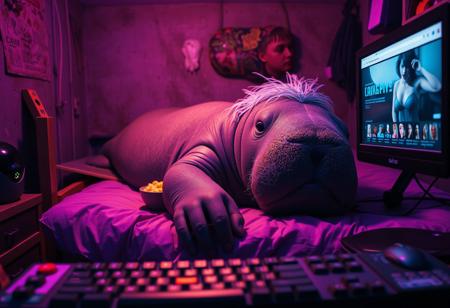 Photorealistic depiction of a manatee: the King of the manatees lays on a small unkempt bed inside a dank dirty room with purple LED lighting. He has greasy dyed black hair with white roots on his head. Beside his pillow on the bed is a bowl of mac'n'cheese. He is reaching for the mouse and keyboard in the foreground. Our point of view is the through computer monitor he is looking at (the website is a video hosting website named "dornhub")