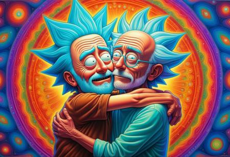 A vividly colored psychedelic inspired portrait of Rick Sanchez lovingly embracing his grandson Morty, in the style of Alex Grey's visionary art.