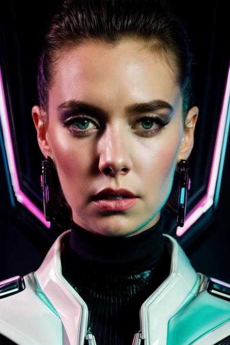 vnk in cyber neon lighting, futurism, intricate futuristic jewelry accessories, cyberpunk glossy white latex turtleneck, hyper photorealistic, crispy quality, digital photography, trending in artstation, trending in pinterest, cinematic, 4 k ultra hd, art by pascal blanche, art by greg rutkowski,  <lyco:VanessaK-RealVision-V1.0:1.0>
