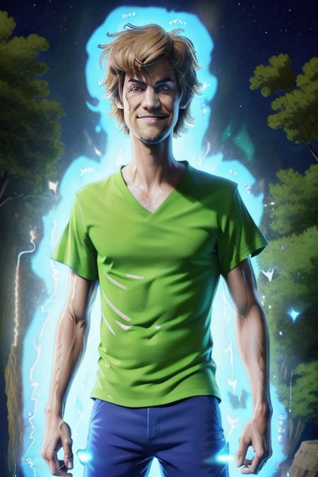 (masterpiece),(best quality),((ultra-detailed)),(illustration), perfect anatomy, <lora:TheGooder_shaggy-1:0.8> Shaggy Rogers, green short sleeves, full body, (solo:1),blue pants,smile, black eyes, stubble,(glowing eyes:1),, (detailed face and eyes),