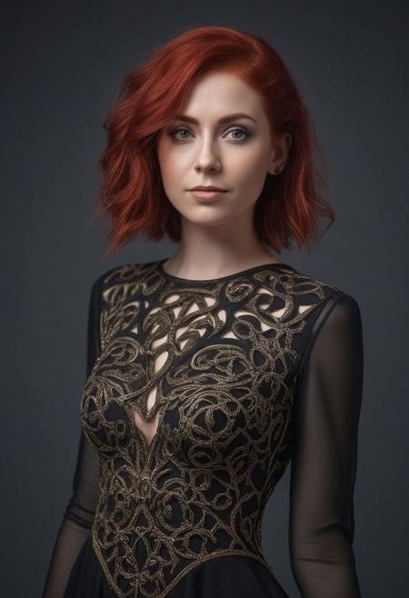 Enchantress, Woman wearing black filigree cutout dress, red hair, half body view, looking at the viewer, sharp focus, slight smile, photograph, 4k resolution, golden ratio, trending on art station, ultra high quality model, sharp focus,