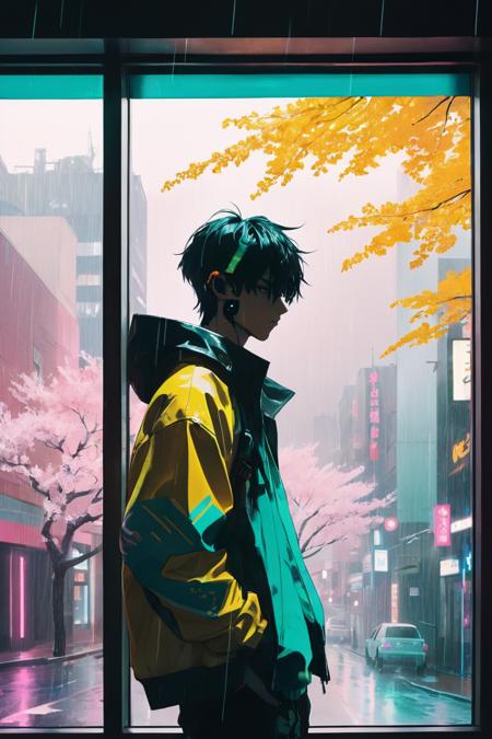 1boy,anime,upper body, Photograph, landscape of a Cyberpunk (Boston:1.3) from inside of a Dance studio, yellow foliage, Raining, High Shutter Speed, compact camera, 50mm, Mint green and cherry blossom pink neon hue, art by Michael Kenna, Nikolay Makovsky