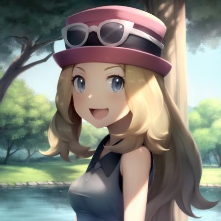 <lora:character_pokemon_serena_v3:1> serena \(pokemon\), lake, sunny, 1girl, solo, portrait, from side, looking at viewer, grey eyes, smile, arms at sides, open mouth, hat, eyewear on headwear, sleeveless shirt,