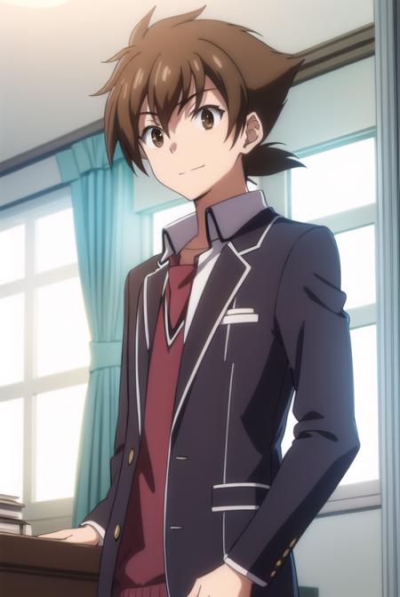 isseihyoudou, <lora:issei hyoudou anime s1-lora-nochekaiser:1>,
issei hyoudou, brown hair, (brown eyes:1.5), male focus, smile, grin,
BREAK long sleeves, school uniform, jacket, necktie, pants, black jacket, red necktie,
BREAK indoors, classroom,
BREAK looking at viewer, (cowboy shot:1.5),
BREAK <lyco:GoodHands-beta2:1>, (masterpiece:1.2), best quality, high resolution, unity 8k wallpaper, (illustration:0.8), (beautiful detailed eyes:1.6), extremely detailed face, perfect lighting, extremely detailed CG, (perfect hands, perfect anatomy),