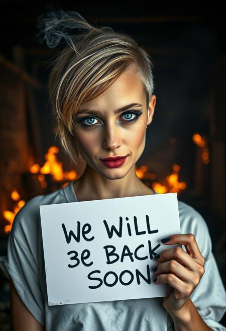 4K, best quality, masterpiece, extremely detailed, an extremely delicate and beautiful, dynamic, realistic anatomy, great lighting, perfect shading, professional shading, depth of field,  blonde woman of 30 years old, smokey eyes makeup with black lipstick, blue eyes, she is holding a sign which says "We Will Be Back Soon", dirty face,  traces of soot all over her white shirt, short hair shaved on one side with dark roots, disheveled, smoke coming out of her ears, burning room, fire, room completely on fire in the background, walls on fire, smoke, apocalypse background, full shot photo, uncropped,  perfect face, perfect anatomy,cute, beautiful, perfect beauty,amazing beauty, pure genious, absolutely perfect, gentle, highly detailed, breathtaking, beautiful smile, Playboy style