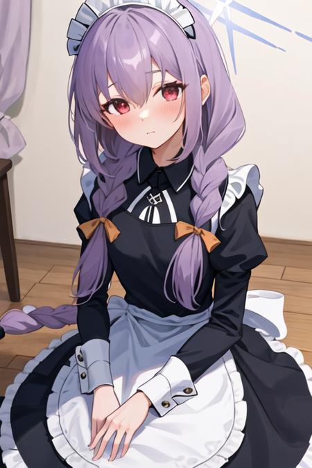 best quality, masterpiece, highres, solo, {maid:1.40}, {long maid dress:1.15}, {atsuko_bluearchive:1.15}, long_hair, red_eyes, purple_hair, bangs, braid, twin_braids, halo, blush, hair_between_eyes, bow, low_twin_braids, hair_bow, closed_mouth